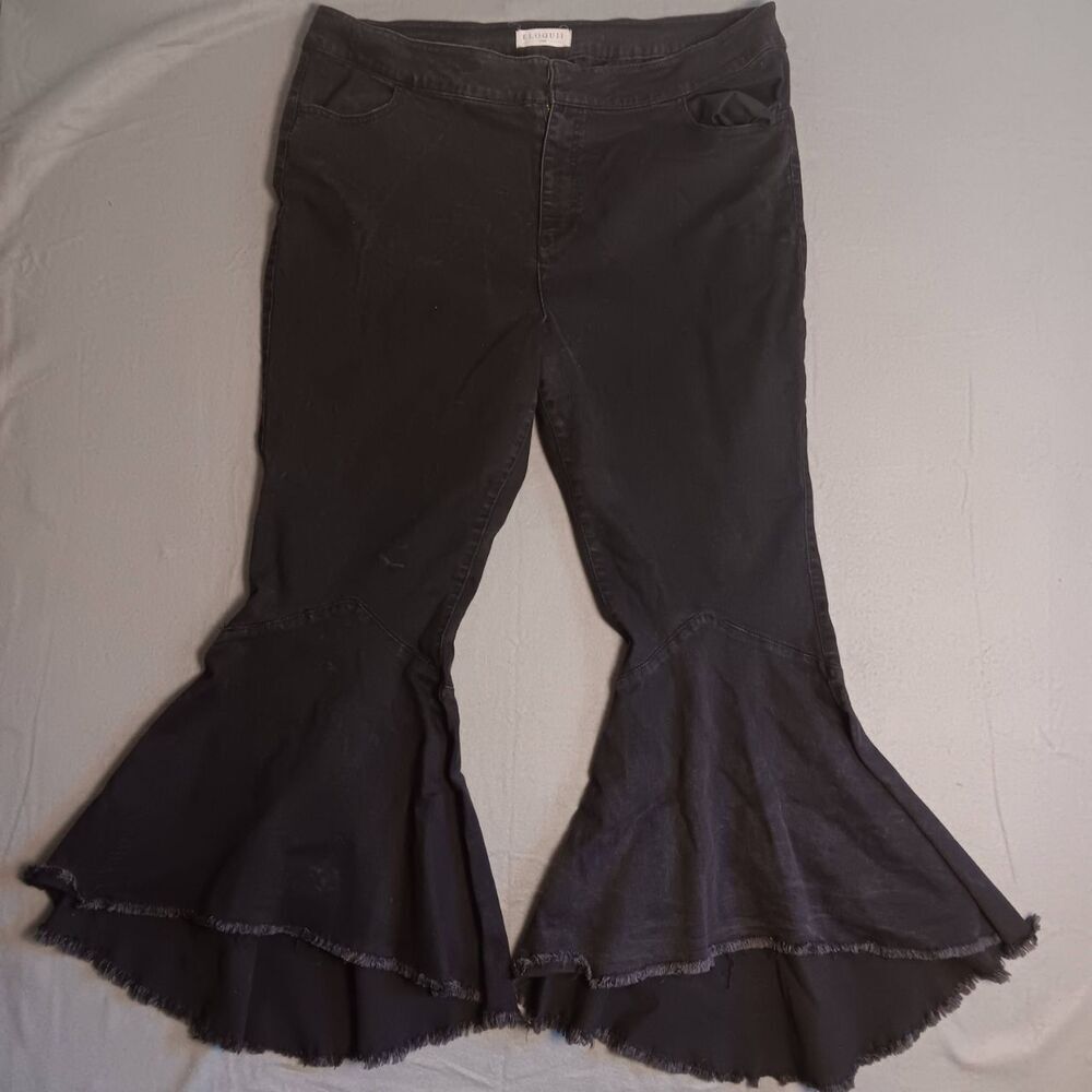Eloquii Womens 20 Black Flare Jeans Frayed Hem Retro Boho Chic